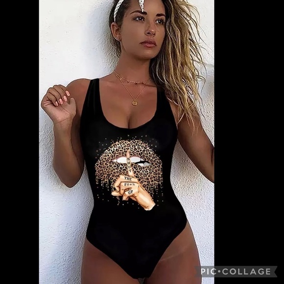 Black 1 Piece Swimsuit w/Leopard Lips & Graphic Words - Picture 1 of 3